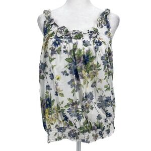 Bandolino Blue Floral Sleeveless Tank Top Women's Medium Smocked Hem Boho Ruffle